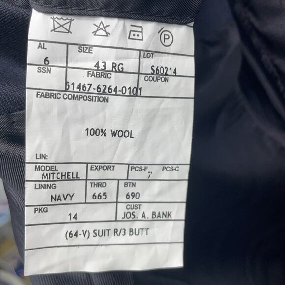 New Jos A Bank Signature Mens 43R 100% Wool Navy Blazer Suit Jacket 3 Butt - Picture 6 of 10